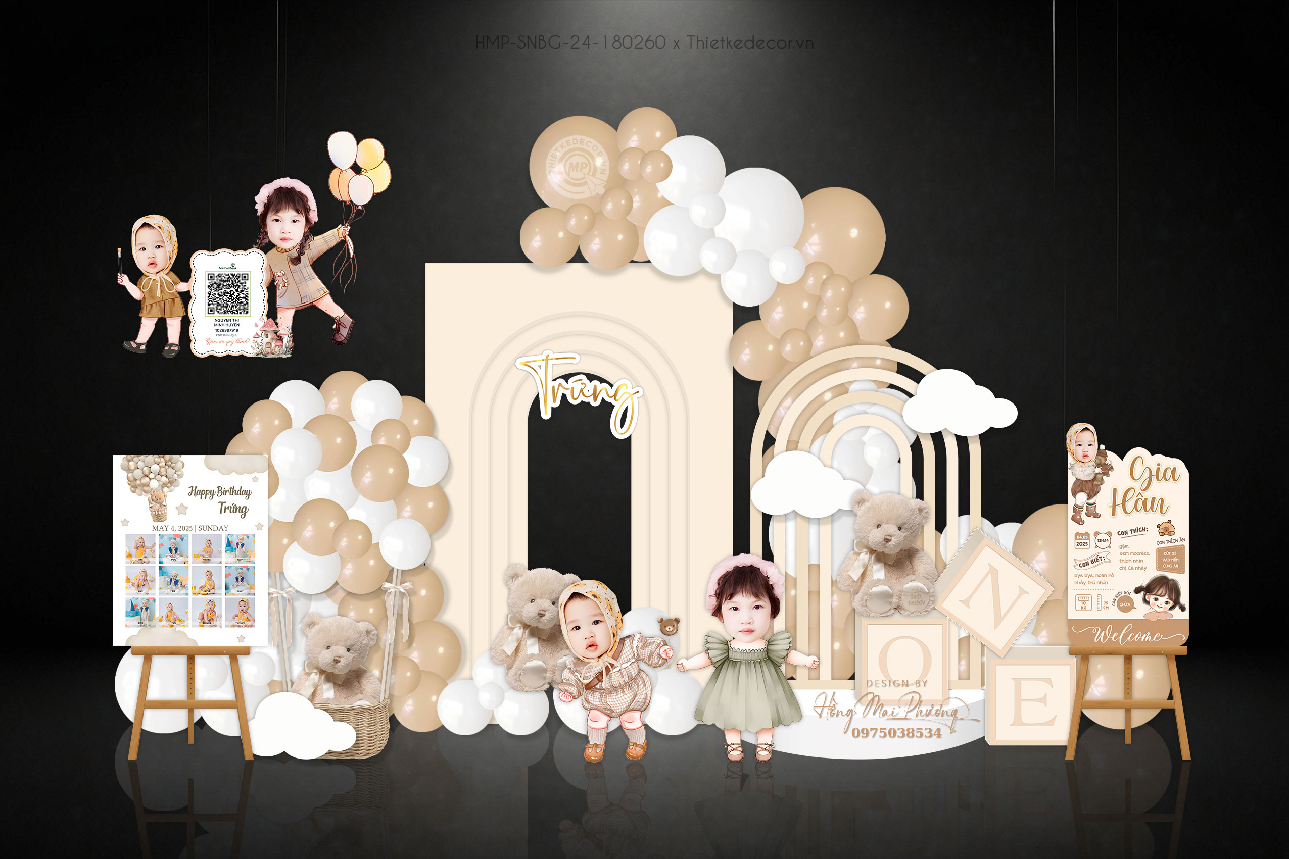 Sinh nhật bé gái tone kem- nâu tây chủ đề gấu bông, kèm bảng thông tin và bảng 12 tháng